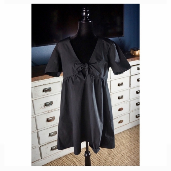 Madewell Black Tie-Front Mini Dress Size 12 NWT Cotton Empire Waist V-Neck - Picture 5 of 13